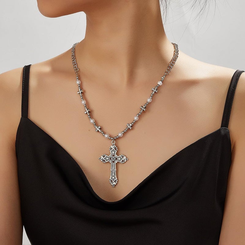 Hremhoo Gothic Cross Necklace for Women Exaggerate Large Cross Pendant Necklace Gothic Layered Choker Necklaces Punk Goth Emo Grunge Y2k Necklaces for Women - Image 3